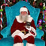 Bronco is registered to the contest to win money with this photo: santa_claus, puppy, dog, christmas_tree, ornaments, candy_cane, ribbons, holiday, festive, red_suit, white_beard, glasses, chair, carpet, smiling, indoor, celebration, decoration, boots, gloves