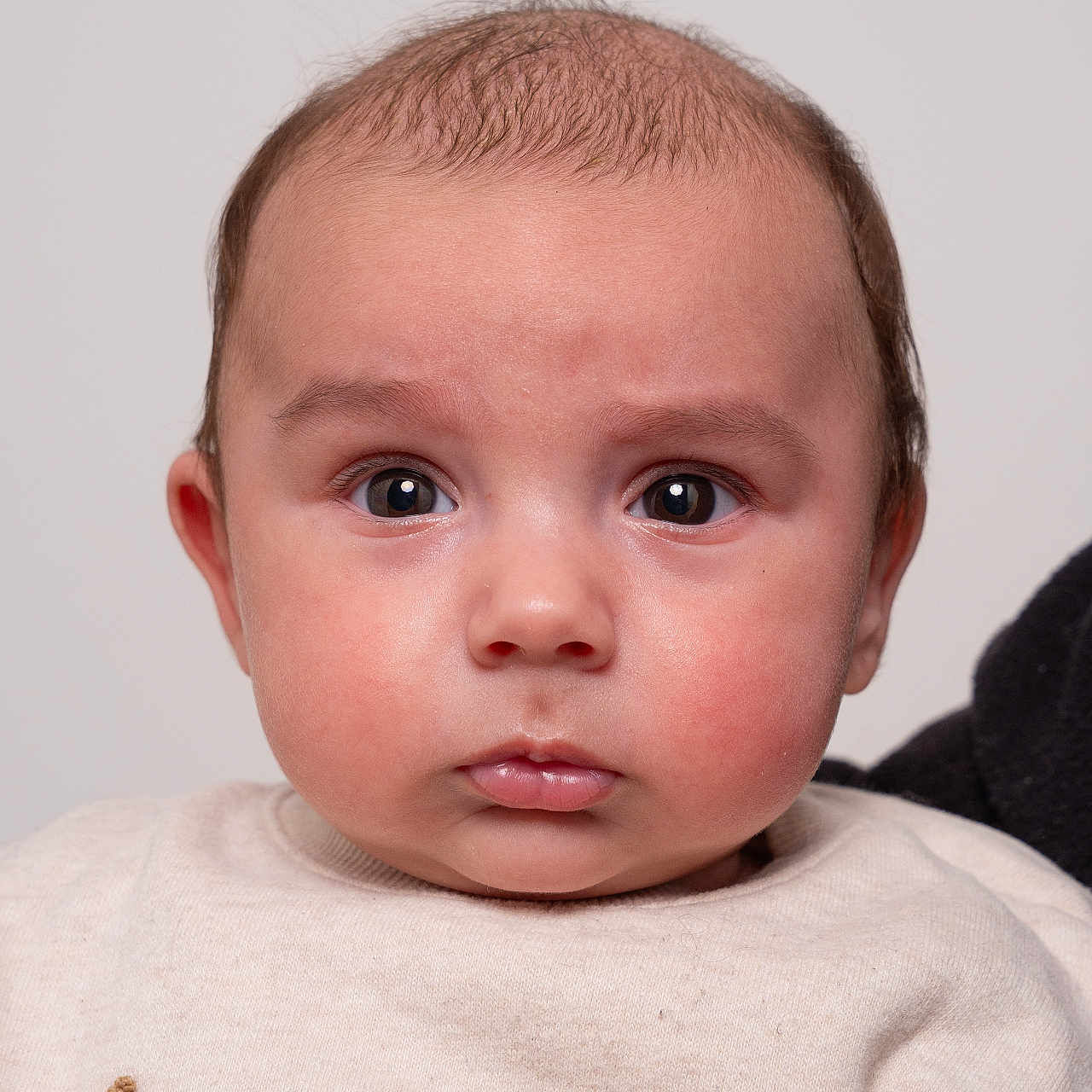 Maé a rejoint le concours — aidez-le/la à gagner de superbes lots ! baby, portrait, face, expression, sweater, clothing, textile, embroidered_text, curious, wide_eyes, indoor, neutral_background, close_up, child, person, skin, head, eyebrows, cute, newborn