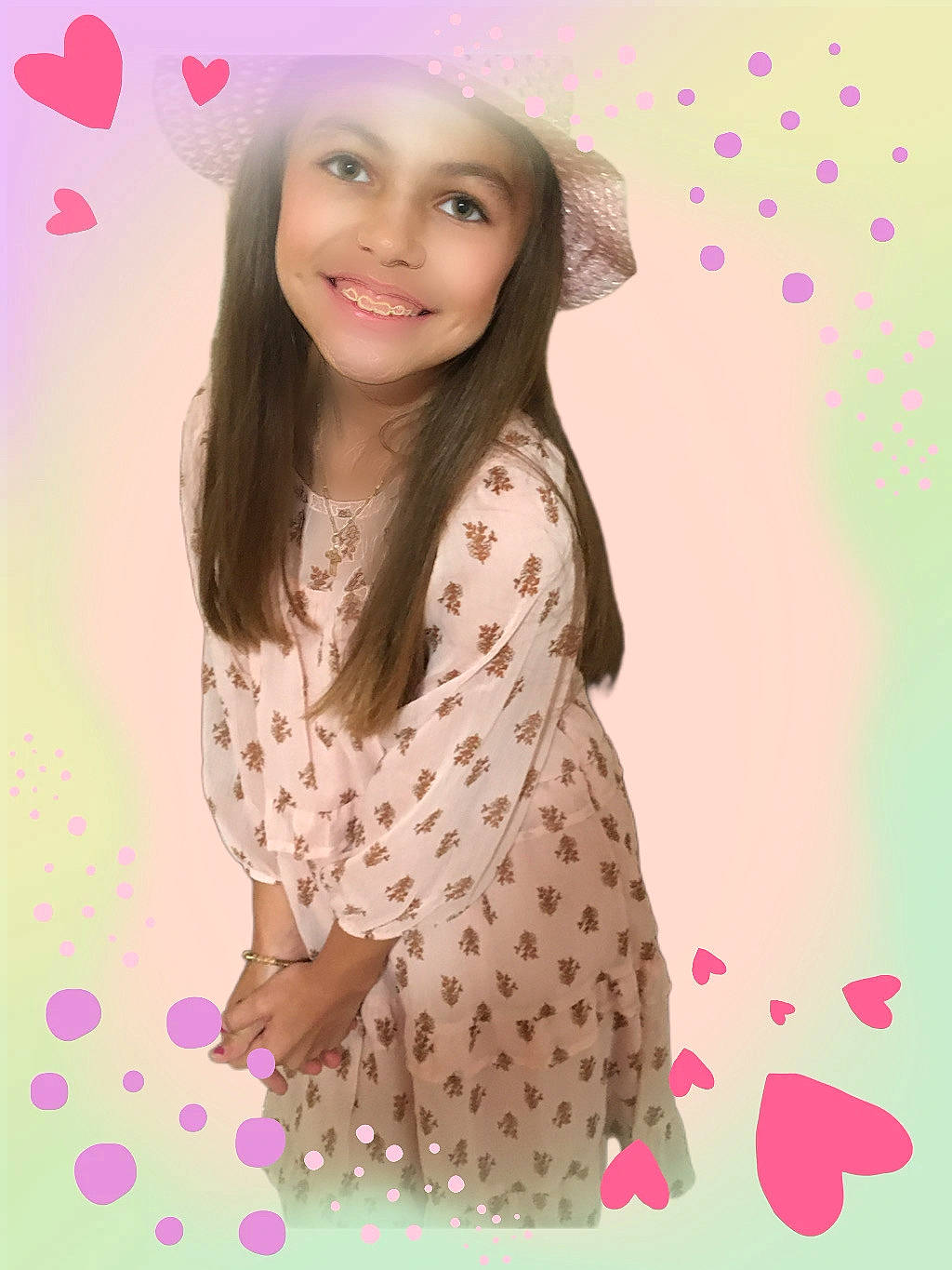 Emma Lee joined the competition — help win amazing prizes! bangs, beauty, brown_hair, cap, child, day_dress, dress, face, facial_expression, happy, headwear, joy, lip, magenta, pattern, peach, people_in_nature, person, pink, plant