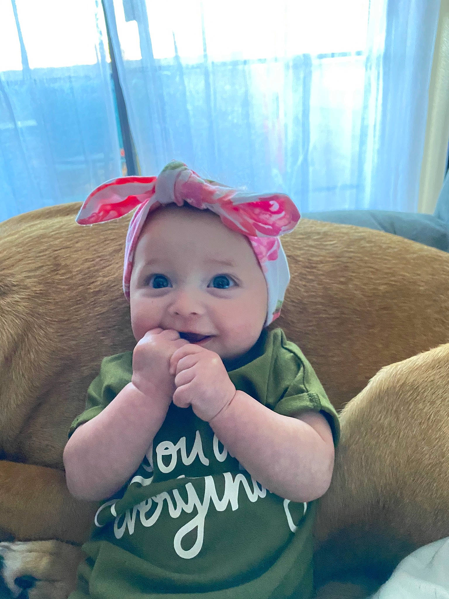 Addalynn is registered to the contest to win money with this photo: arm, baby, cheek, child, cool, ear, forehead, hair_accessory, hand, head, headgear, headwear, nose, person, skin, smile, toddler