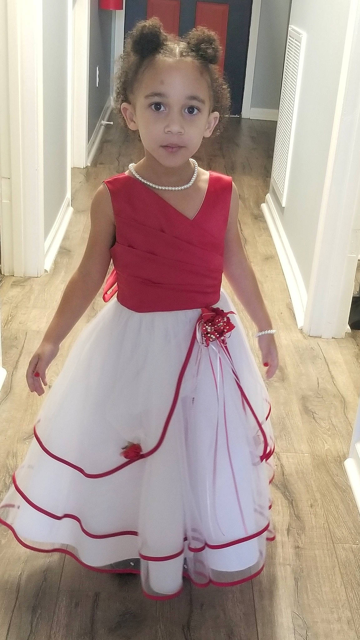 Kaelyn joined the competition — help win amazing prizes! bridal_party_dress, child, child_model, clothing, costume, day_dress, dress, fashion_design, formal_wear, pattern, person, pink, toddler