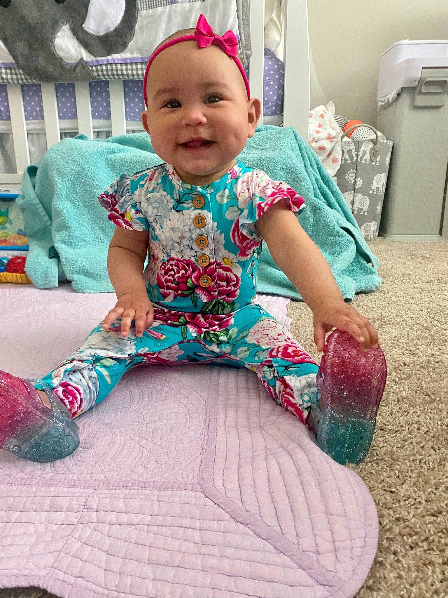 Nola joined the competition — help win amazing prizes! baby, baby_toddler_clothing, child, dress, face, fun, green, happy, head, joy, magenta, person, pink, purple, sitting, skin, sleeve, smile, t_shirt, textile