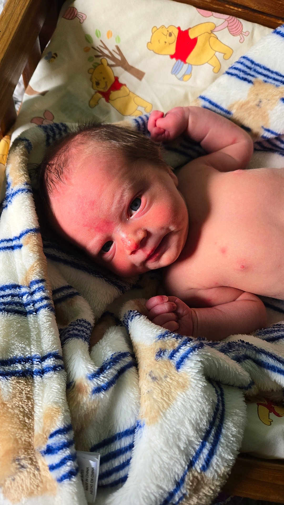 James is registered to the contest to win money with this photo: baby, newborn, infant, blanket, winnie_the_pooh, cartoon, bed, wooden_frame, cute, face, skin, hand, fist, blue_eyes, soft, sleeping_area, cozy, child, portrait, resting