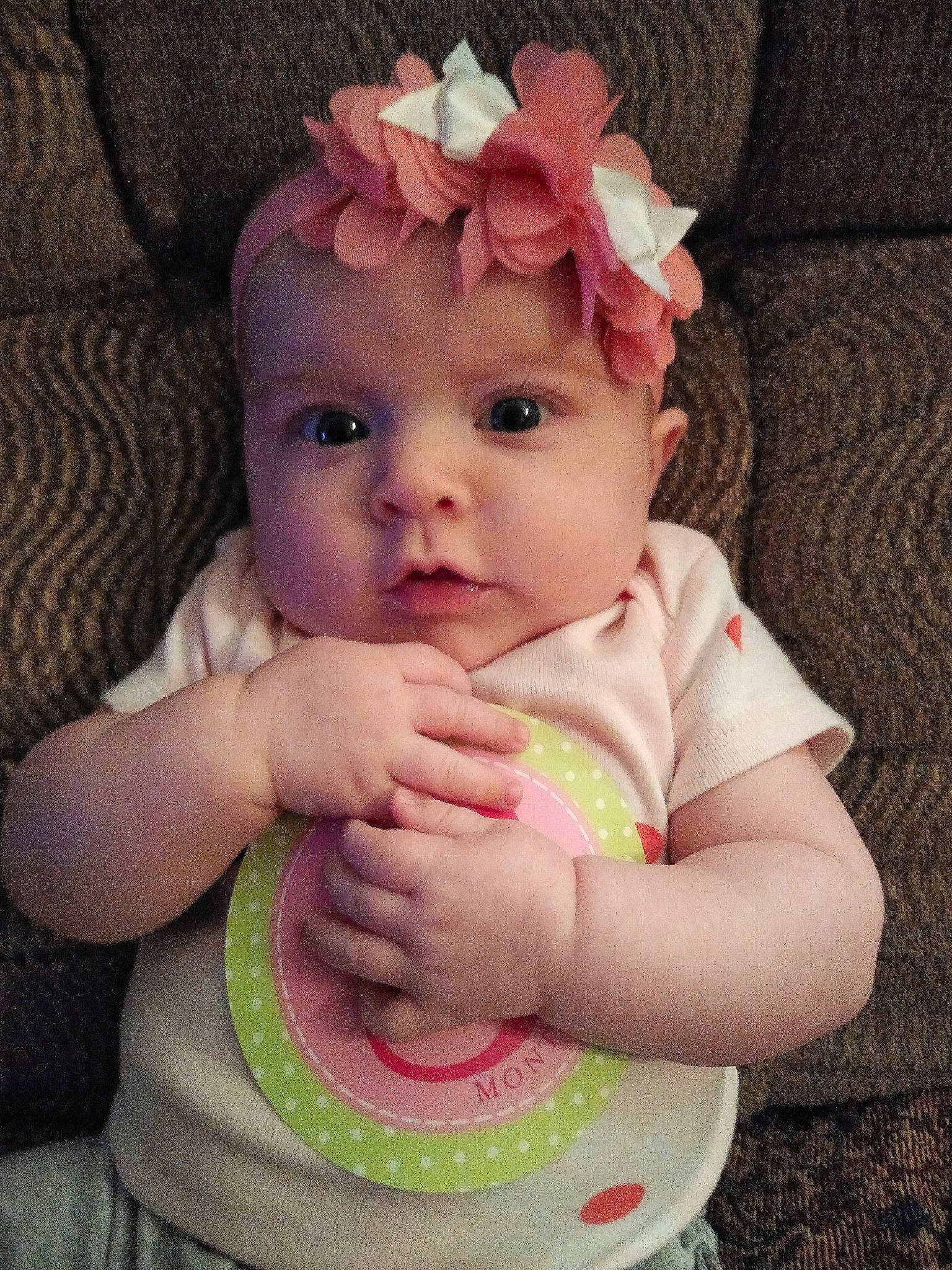 Reyna is registered to the contest to win money with this photo: baby, baby_products, beauty, cheek, child, eye, face, fashion_accessory, hair_accessory, head, headgear, lip, mouth, person, pink, plant, product, skin, smile, sweetness