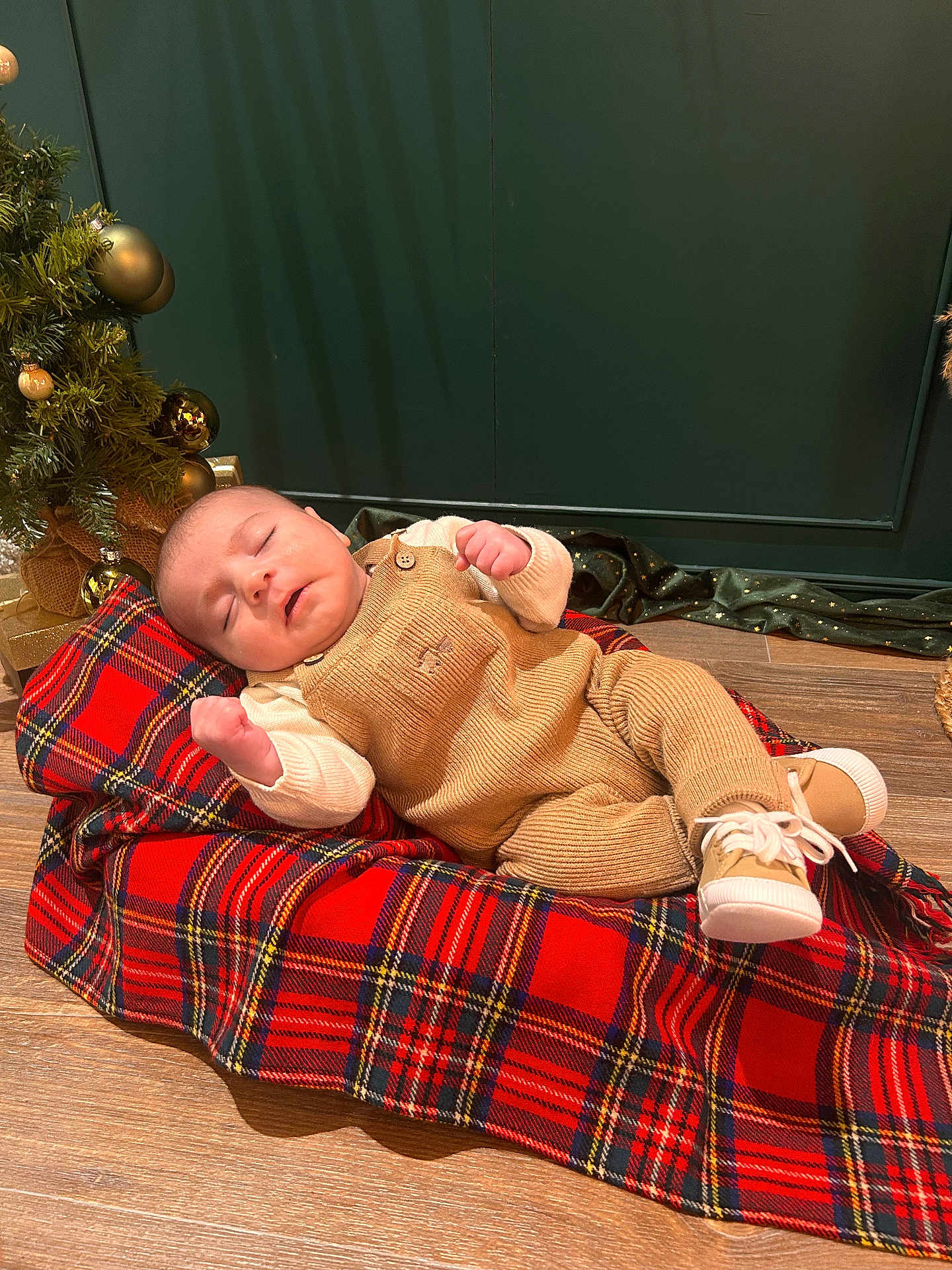 Alaz a rejoint le concours — aidez-le/la à gagner de superbes lots ! baby, sleeping, blanket, tartan, christmas_tree, ornaments, wooden_floor, overalls, shoes, infant, holiday, festive, cozy, indoor, decor, relaxing, cute, child, person, portrait
