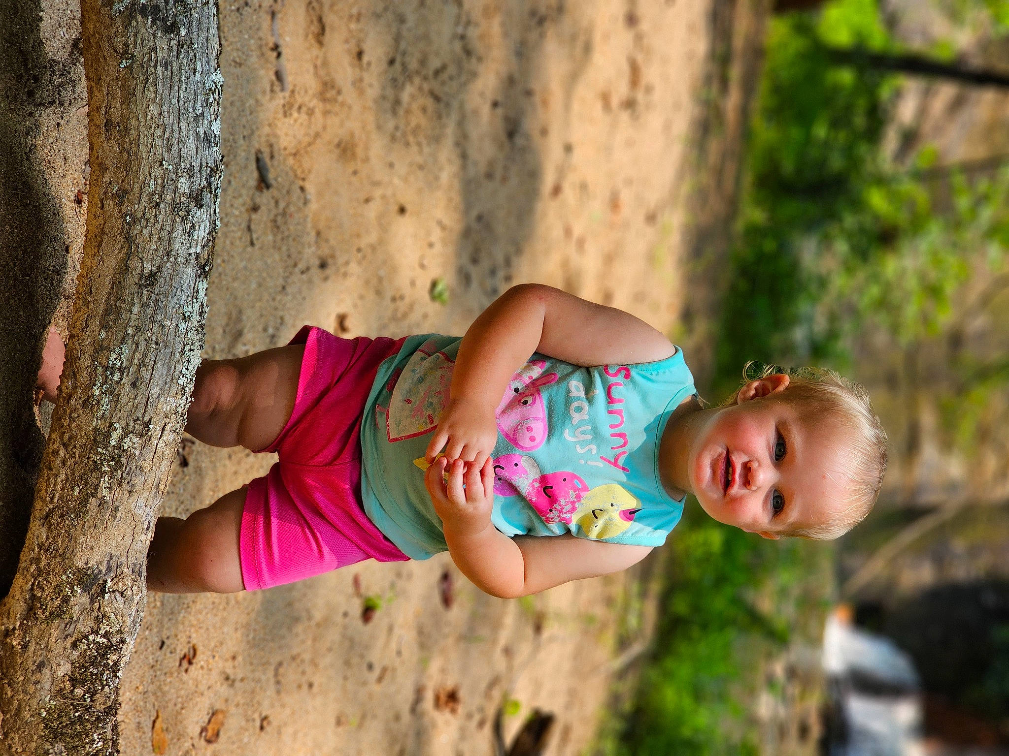 Cadence is registered to the contest to win money with this photo: arm, child, fun, grass, happy, human_body, human_leg, joy, leaf, leisure, people_in_nature, person, plant, recreation, skin, smile, thigh, toddler, tree, trunk