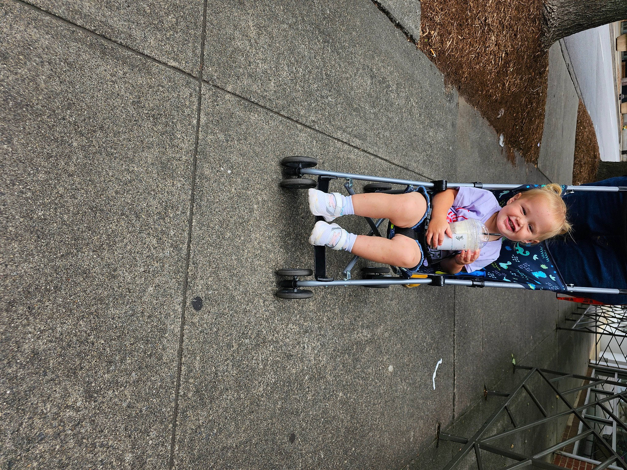 Cadence is registered to the contest to win money with this photo: asphalt, cement, city, concrete, fun, human_leg, joy, leisure, person, recreation, road, road_surface, shadow, sidewalk, sitting, smile, street, tar, toddler, tree