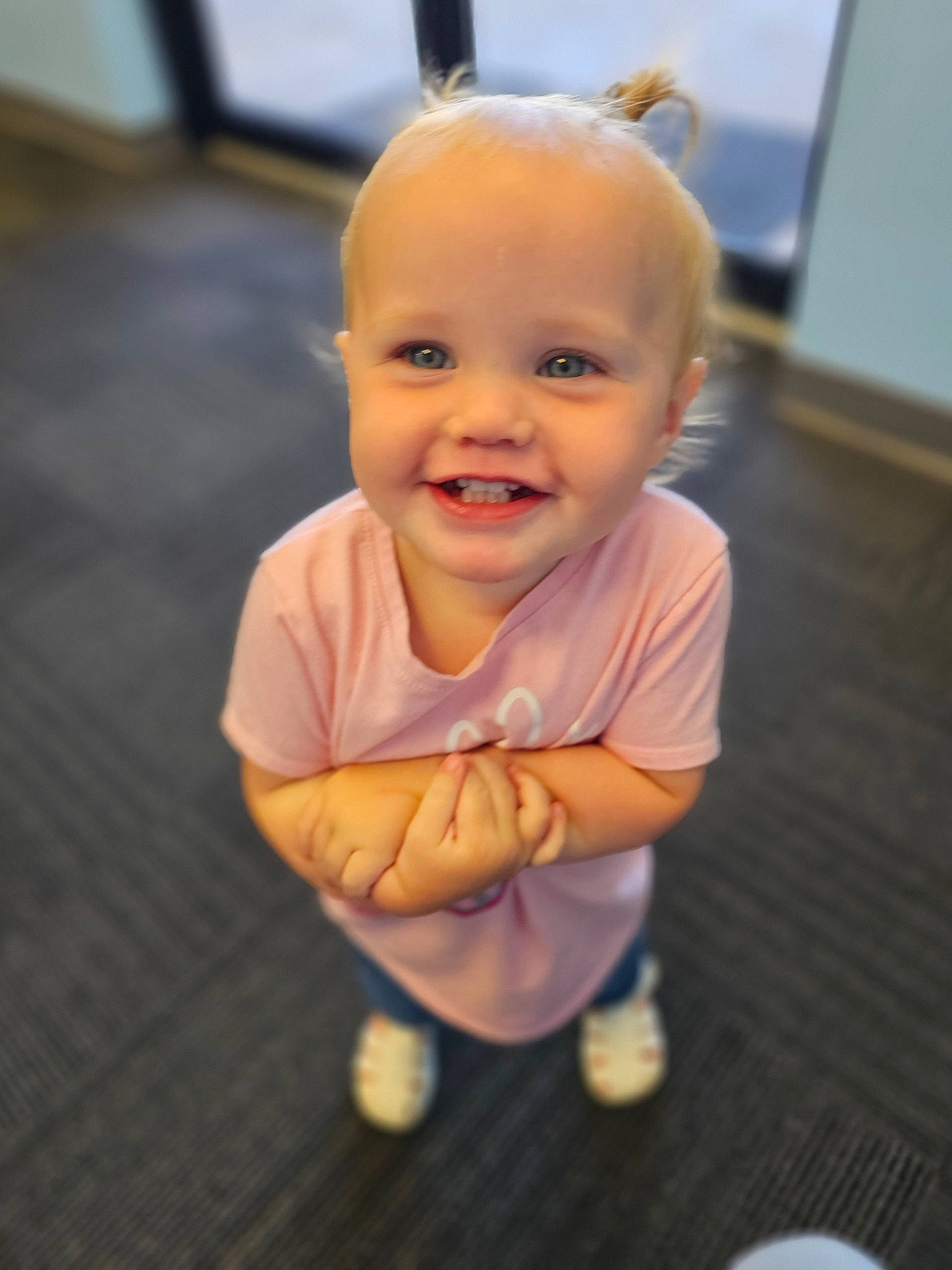 Cadence joined the competition — help win amazing prizes! baby, baby_toddler_clothing, cheek, child, face, floor, flooring, foot, fun, happy, human_body, human_leg, iris, joy, nose, person, sitting, skin, sleeve, smile