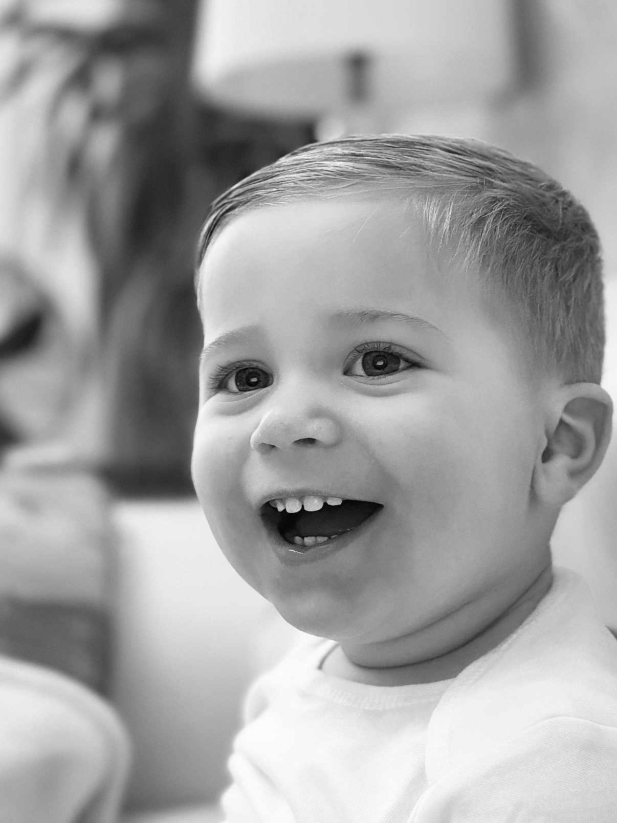 Elliot joined the competition — help win amazing prizes! child, toddler, smiling, face, portrait, black_and_white, happy, cute, hair, teeth, indoors, closeup, person, young, baby, expression, skin, childhood, joy, head