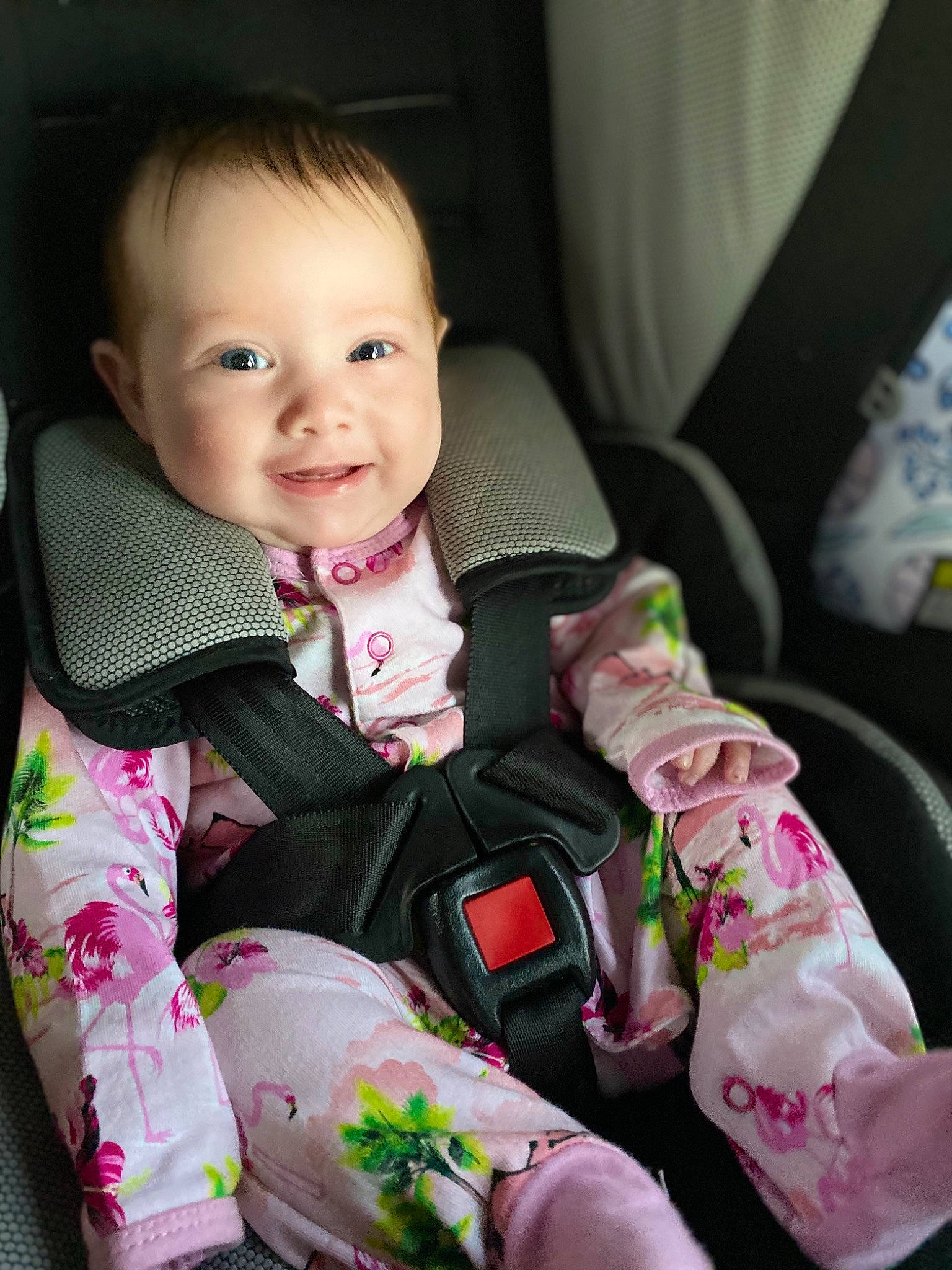 Elora is registered to the contest to win money with this photo: baby, baby_in_car_seat, baby_toddler_clothing, car_seat, cheek, chin, collar, comfort, eye, face, finger, head, human_body, iris, person, pink, seat_belt, skin, sleeve, smile