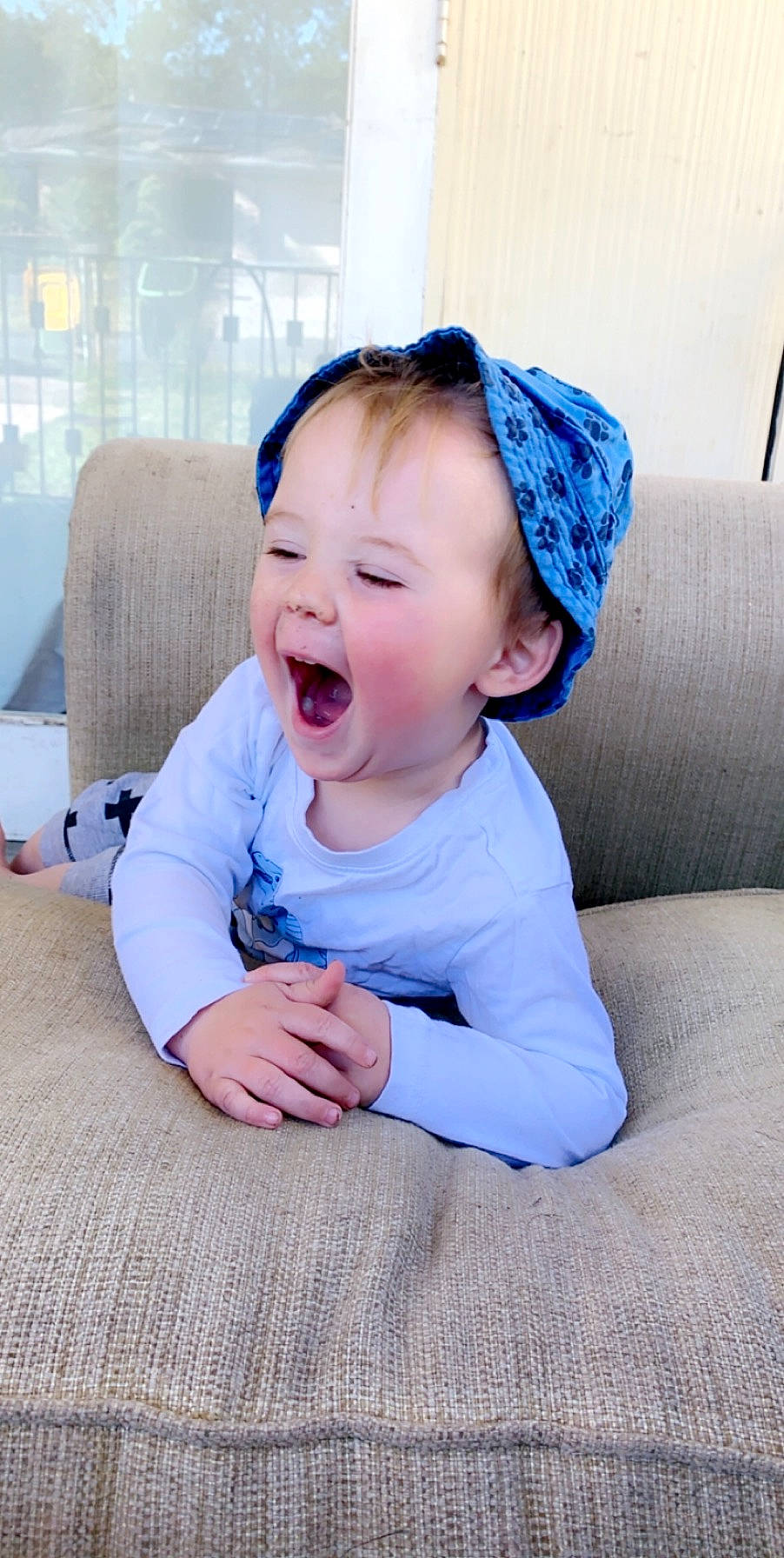Braxton joined the competition — help win amazing prizes! baby, baby_laughing, cheek, child, facial_expression, flooring, headgear, lip, mouth, nose, person, skin, smile, toddler, tongue, yawn