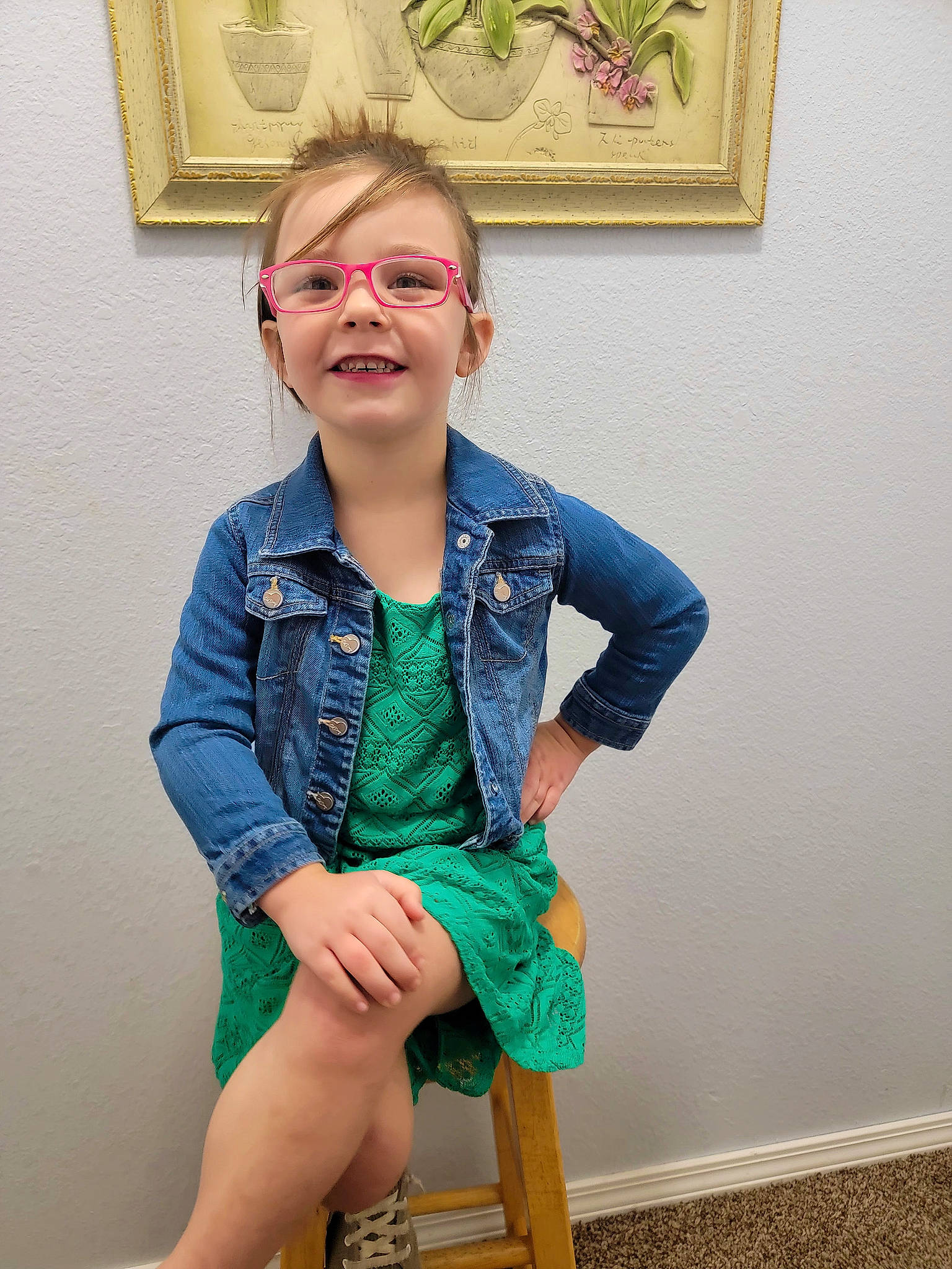 Haylee joined the competition — help win amazing prizes! arm, baby_toddler_clothing, chin, dress, face, glasses, green, hairstyle, head, joint, joy, neck, outerwear, person, picture_frame, shoulder, skin, sleeve, smile, t_shirt