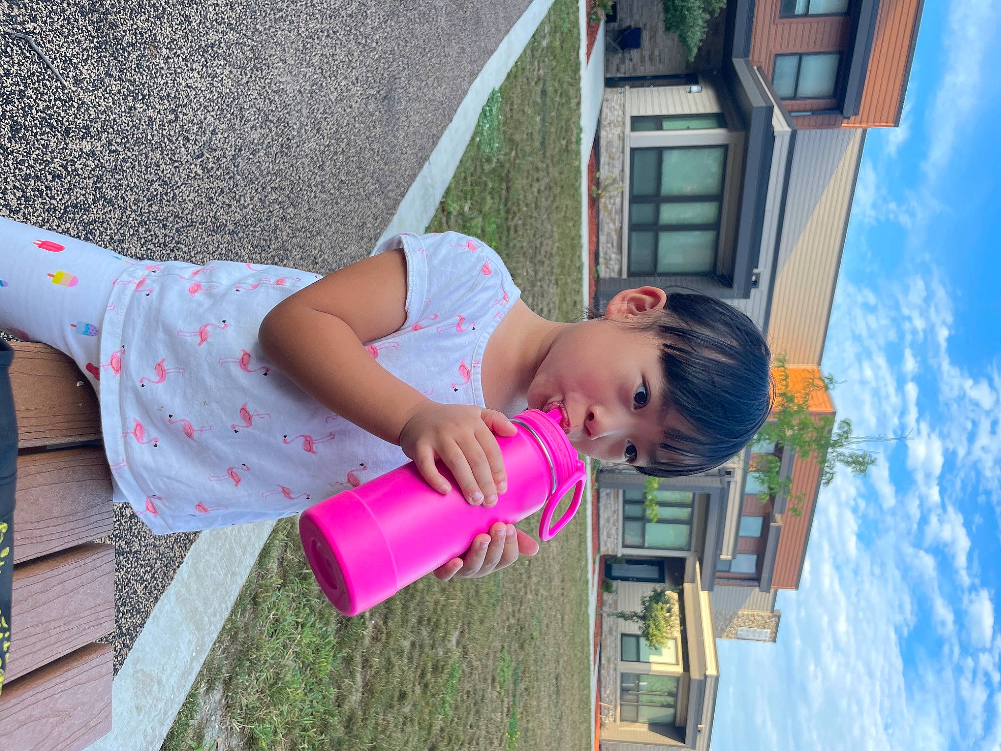 Mia joined the competition — help win amazing prizes! blue, building, cloud, dress, electric_blue, fun, grass, happy, house, human_leg, leisure, magenta, person, plant, sky, smile, summer, toddler, travel, tree