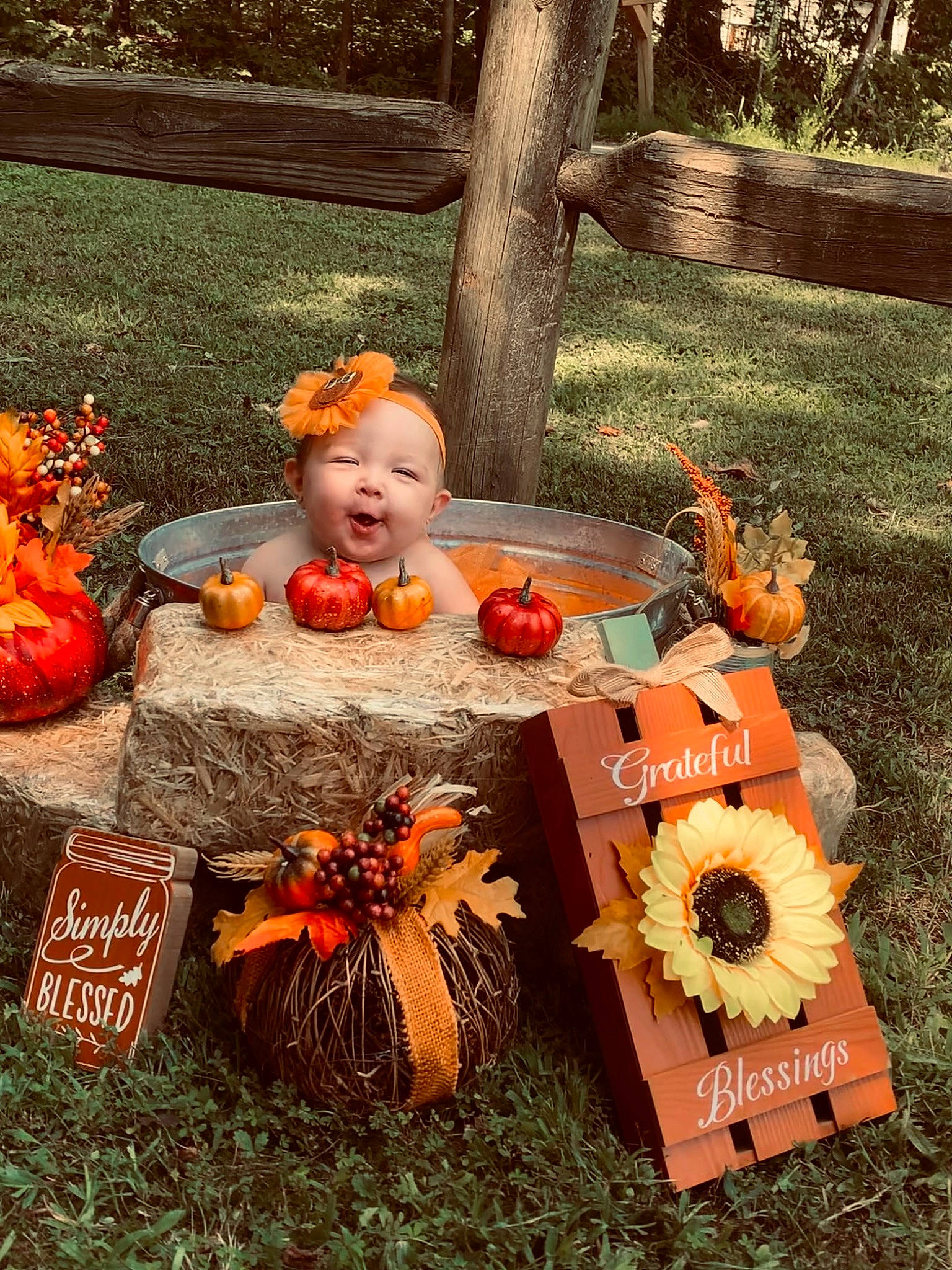 Emberley is registered to the contest to win money with this photo: autumn, calabaza, cucurbita, event, fruit, gourd, grass, headwear, leaf, musical_instrument, natural_foods, orange, person, plant, pumpkin, squash, toy, tradition, tree, trick_or_treat