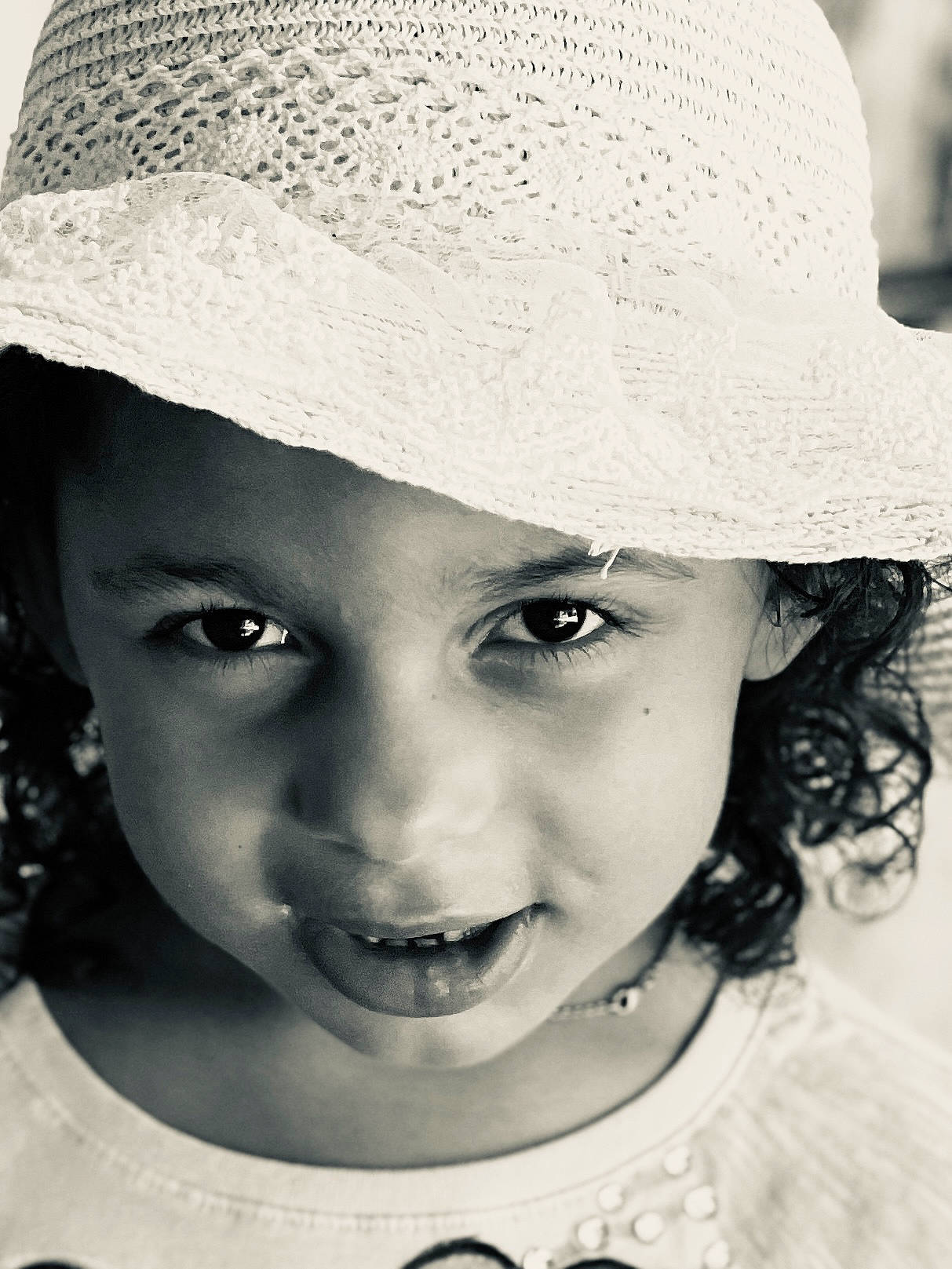 Paislee joined the competition — help win amazing prizes! black, black_and_white, cap, chin, eyebrow, eyelash, facial_expression, flash_photography, hairstyle, happy, hat, human, iris, lip, organ, person, photograph, smile, style, sun_hat