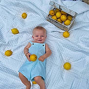 Mark a rejoint le concours — aidez-le/la à gagner de superbes lots ! baby, child, outdoor, lemons, white_quilt, blue_romper, smiling, grass, basket, wooden_box, fruit, nature, cute, happy, infant, picnic, summer, barefoot, playful, relaxing