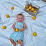 baby, child, outdoor, lemons, white_quilt, blue_romper, smiling, grass, basket, wooden_box, fruit, nature, cute, happy, infant, picnic, summer, barefoot, playful, relaxing