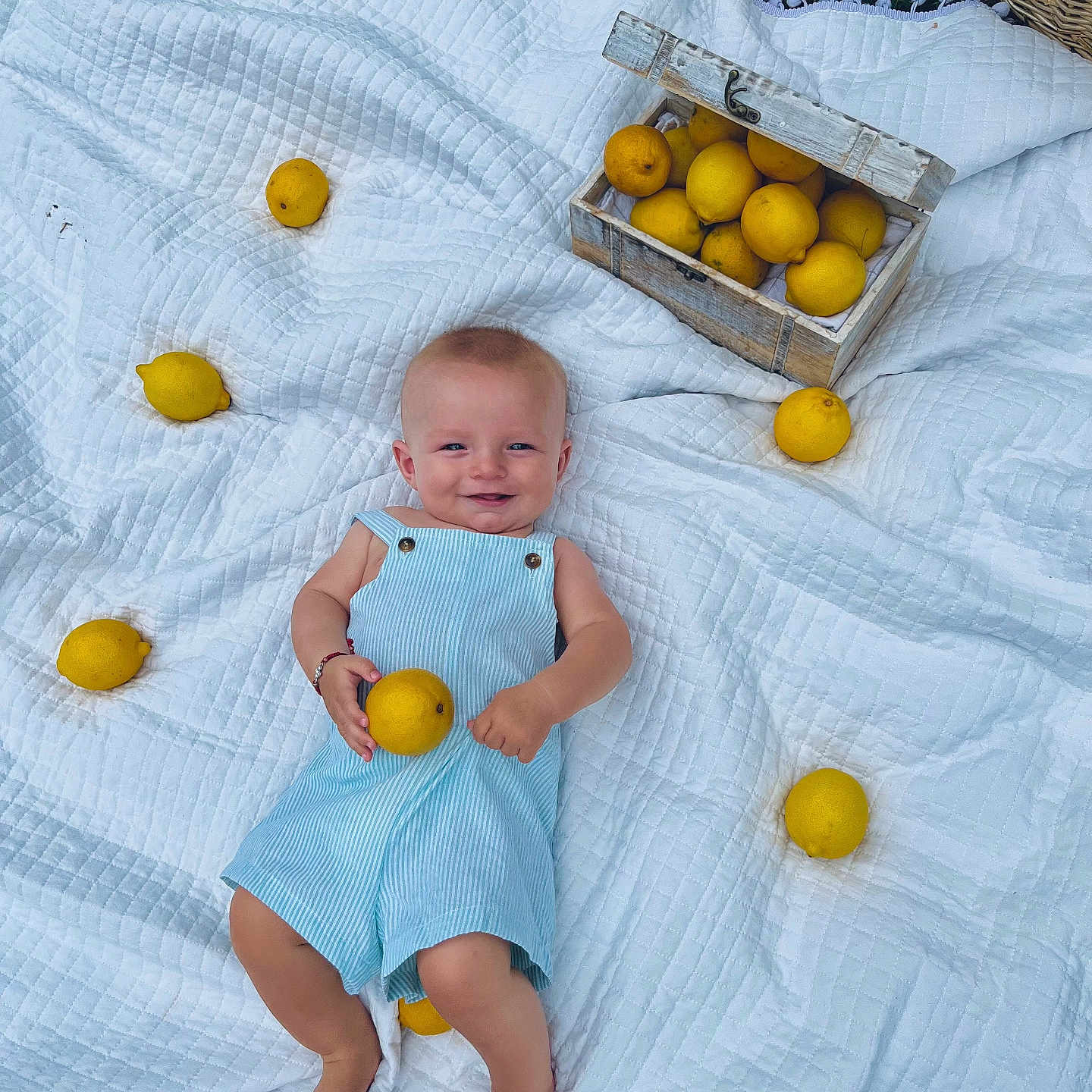 Mark a rejoint le concours — aidez-le/la à gagner de superbes lots ! baby, barefoot, basket, blue_romper, child, cute, fruit, grass, happy, infant, lemons, nature, outdoor, picnic, playful, relaxing, smiling, summer, white_quilt, wooden_box