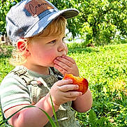 Cameron joined the competition — help win amazing prizes! child, toddler, peach, fruit, outdoor, nature, greenery, cap, hat, grass, sunlight, summer, cute, portrait, eating, hand, face, clothing, garden, daytime