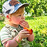child, toddler, peach, fruit, outdoor, nature, greenery, cap, hat, grass, sunlight, summer, cute, portrait, eating, hand, face, clothing, garden, daytime