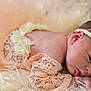 newborn, baby, infant, headband, flower, lace, peach, soft, sleeping, portrait, cute, skin, resting, toddler, child, fluffy, blanket, closeup, peaceful, adorable