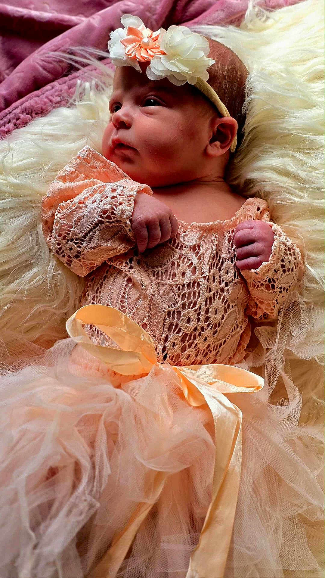 Sophia May Leno joined the competition — help win amazing prizes! baby, infant, lace, headband, flower, blanket, soft, pastel, peach, pink, cream, tulle, ribbon, newborn, portrait, cute, sleepy, hands, face, cozy