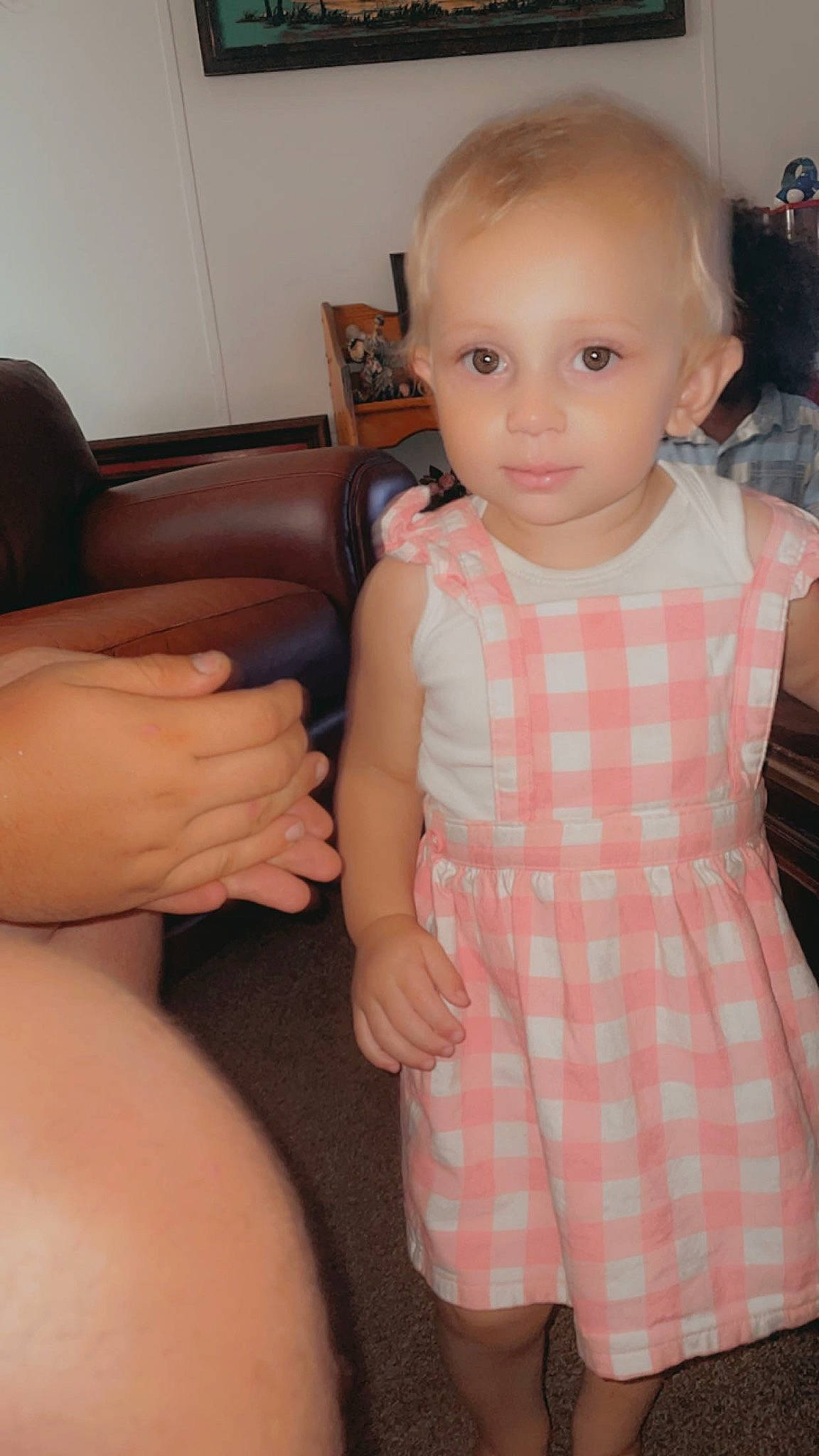 Tinsley joined the competition — help win amazing prizes! baby_toddler_clothing, cheek, eye, finger, gesture, hair, hairstyle, hand, head, joint, lip, neck, one_piece_garment, person, shoulder, skin, sleeve, tartan, thigh, thumb