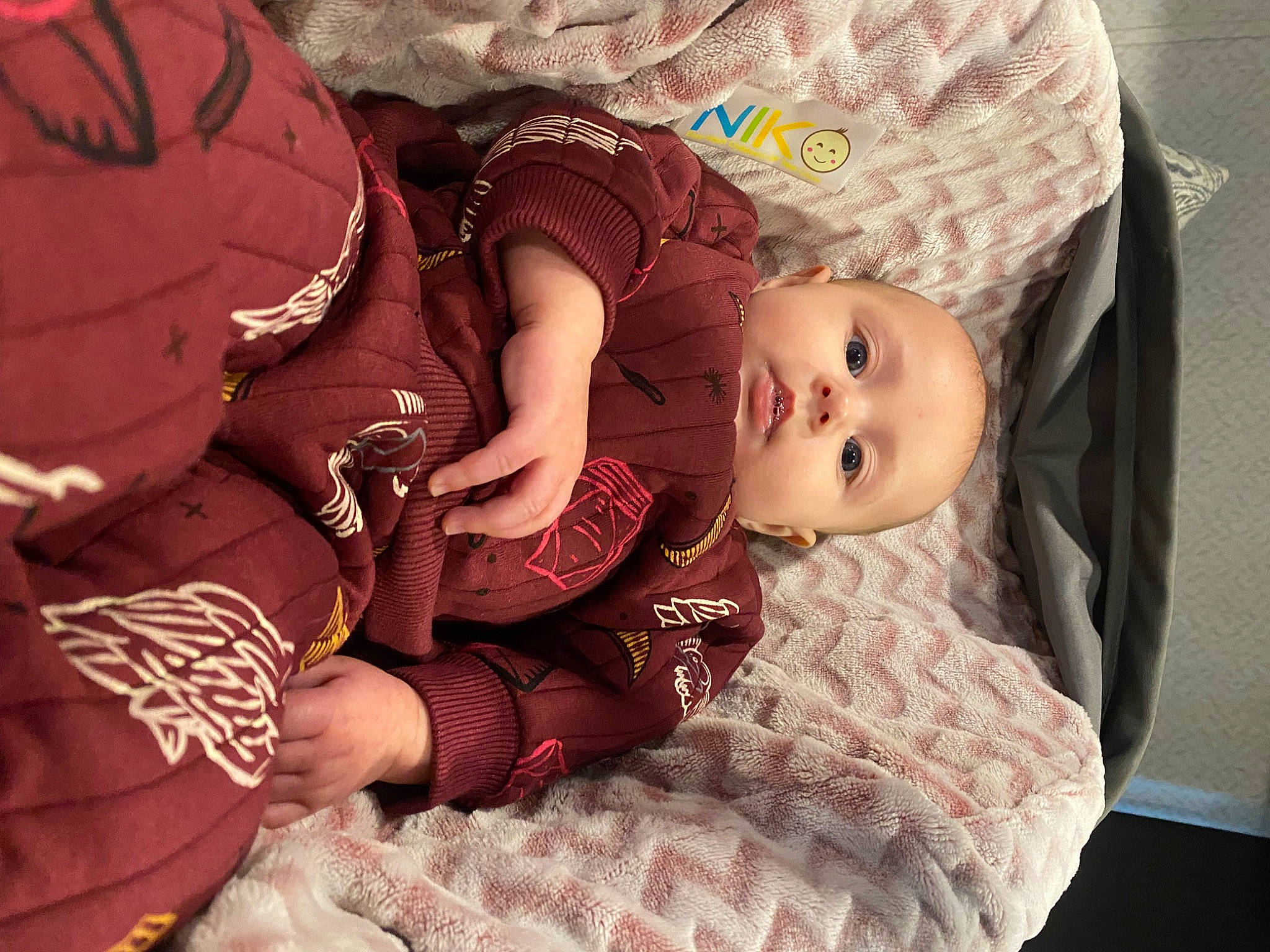 Cambree is registered to the contest to win money with this photo: baby, baby_products, baby_sleeping, baby_toddler_clothing, cheek, child, comfort, eye, face, head, human_body, iris, linens, mouth, person, sitting, skin, sleeve, textile, toddler