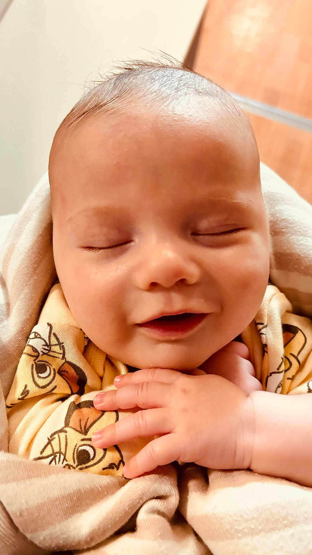 Tiam Bazin a rejoint le concours — aidez-le/la à gagner de superbes lots ! baby, sleeping, smiling, blanket, infant, cute, hand, face, clothing, cozy, newborn, soft, peaceful, portrait, child, wrapped, cute_outfit, cartoon_print, skin, indoors