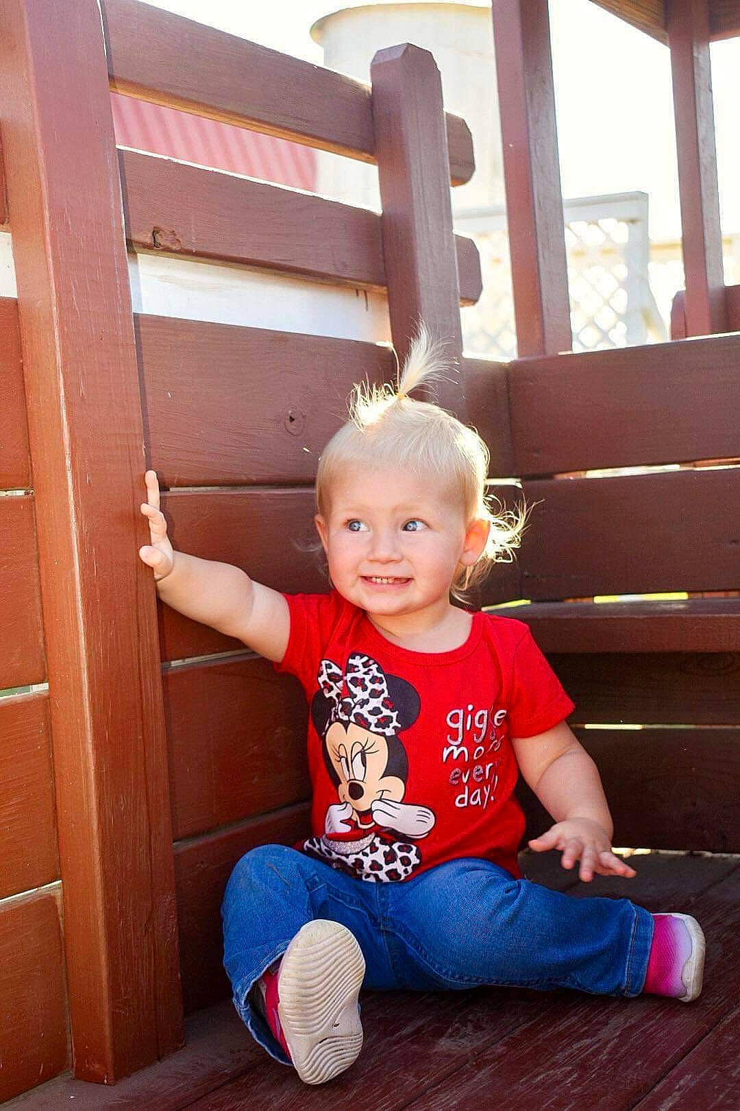 Cassidy joined the competition — help win amazing prizes! arm, baby_toddler_clothing, chin, eye, finger, flooring, fun, happy, head, jeans, joy, leg, person, red, skin, sleeve, smile, sneakers, standing, toddler