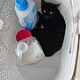 animal, black_cat, bottle, cat, cat_ears, cat_eyes, cleaning_supplies, container, curious, domestic, floor_tiles, foot, household_items, indoor, laundry_basket, looking_up, person, pet, plastic_basket, white_basket