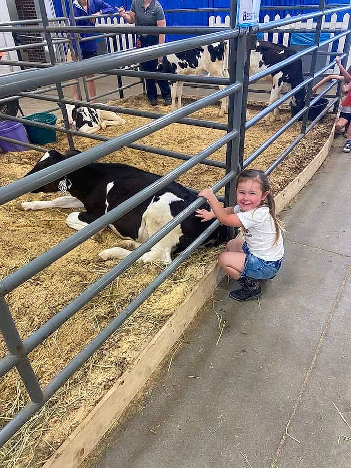 Gracelyn is registered to the contest to win money with this photo: child, city, fence, fun, handrail, jeans, joy, landscape, leisure, livestock, metal, person, recreation, shorts, smile, soil, t_shirt, toddler, wood, working_animal