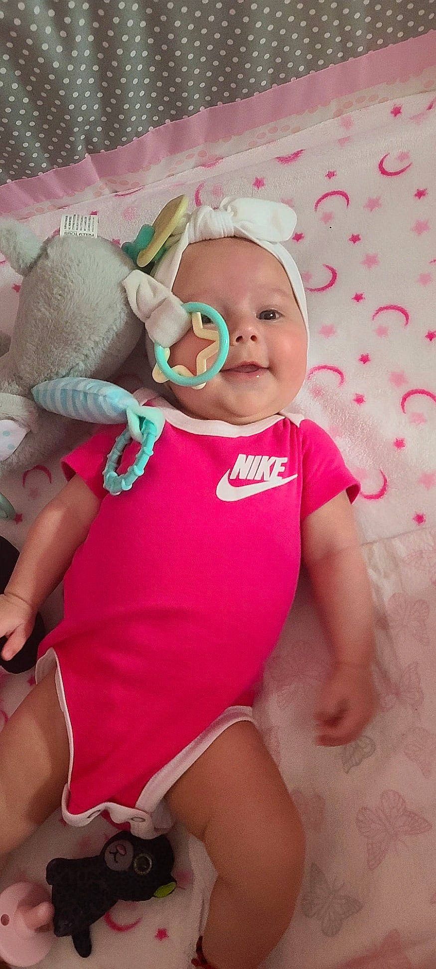 Remi joined the competition — help win amazing prizes! baby, baby_products, baby_toddler_clothing, cheek, child, finger, happy, head, human_leg, linens, magenta, mouth, person, pink, skin, sleeve, smile, t_shirt, textile, thigh
