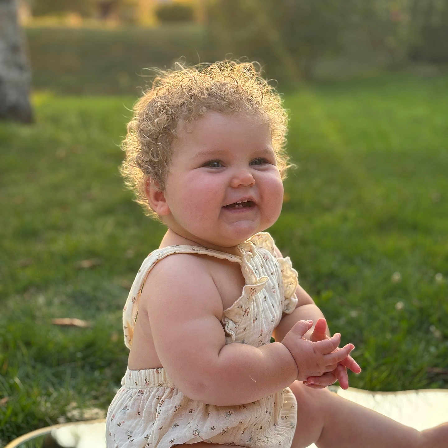 Abygaëlle participe au concours pour gagner de l'argent avec cette photo : baby, bare_arms, child, clapping_hands, curly_hair, cute, daytime, grass, happy, infant, nature, outdoor, portrait, reflection, sitting, skin, smiling, summer, sunlight, warm_light