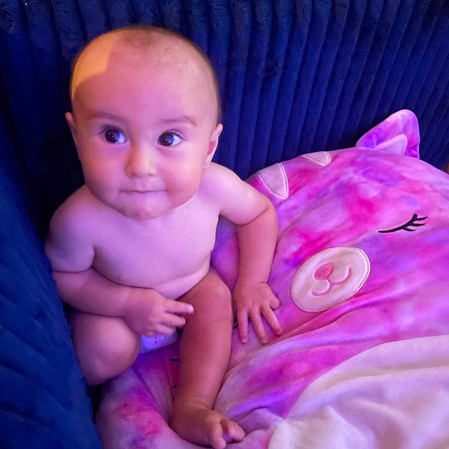 Alastar joined the competition — help win amazing prizes! baby, child, infant, plush, pillow, unicorn, pink, purple, couch, blue, seated, indoors, cute, skin, face, hand, foot, expression, cozy, soft