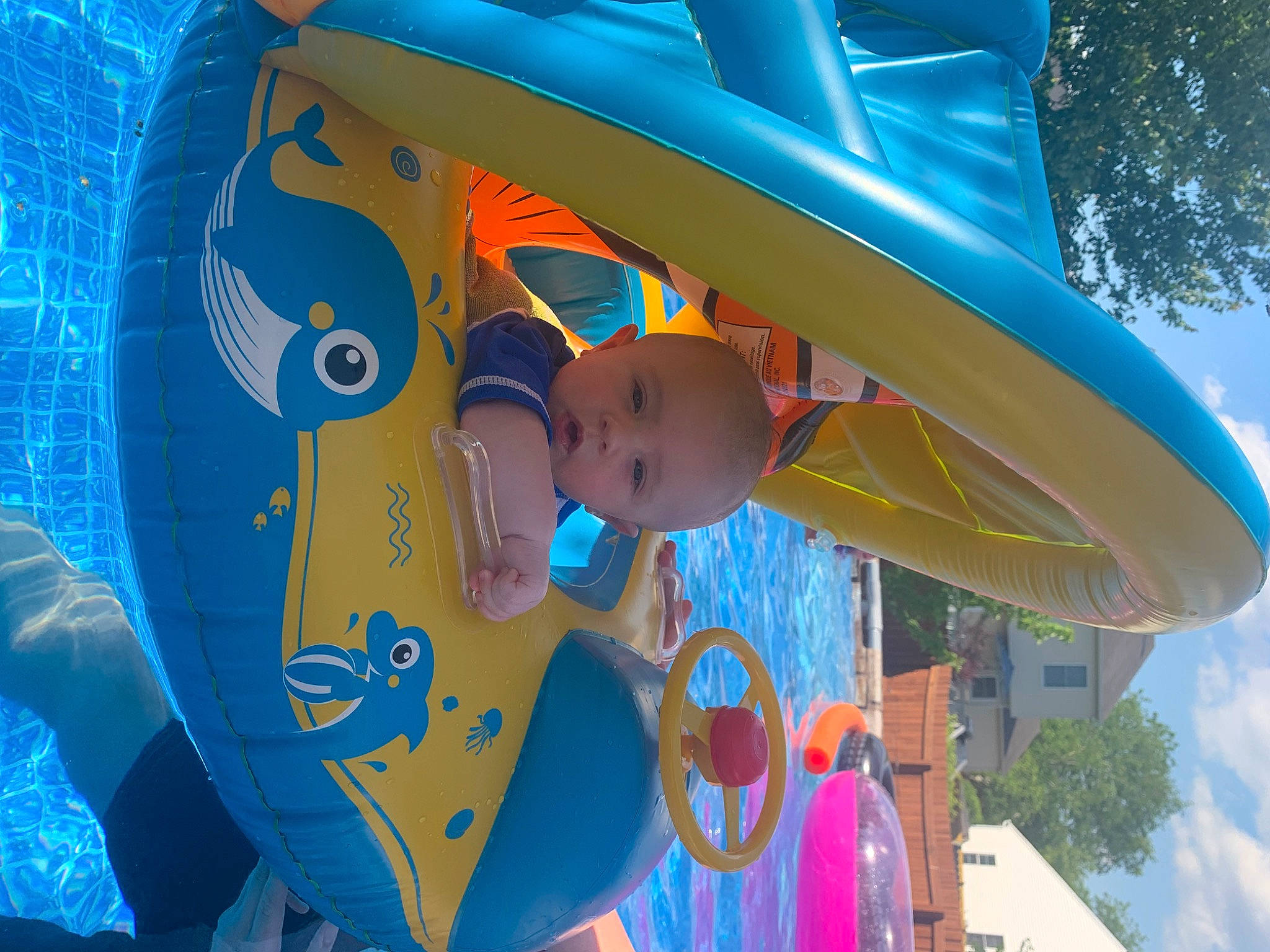 Tanner is registered to the contest to win money with this photo: azure, baby, blue, child, electric_blue, fun, games, happy, hat, headgear, leisure, person, personal_protective_equipment, recreation, red, sky, sun_hat, toddler, tree, wheel