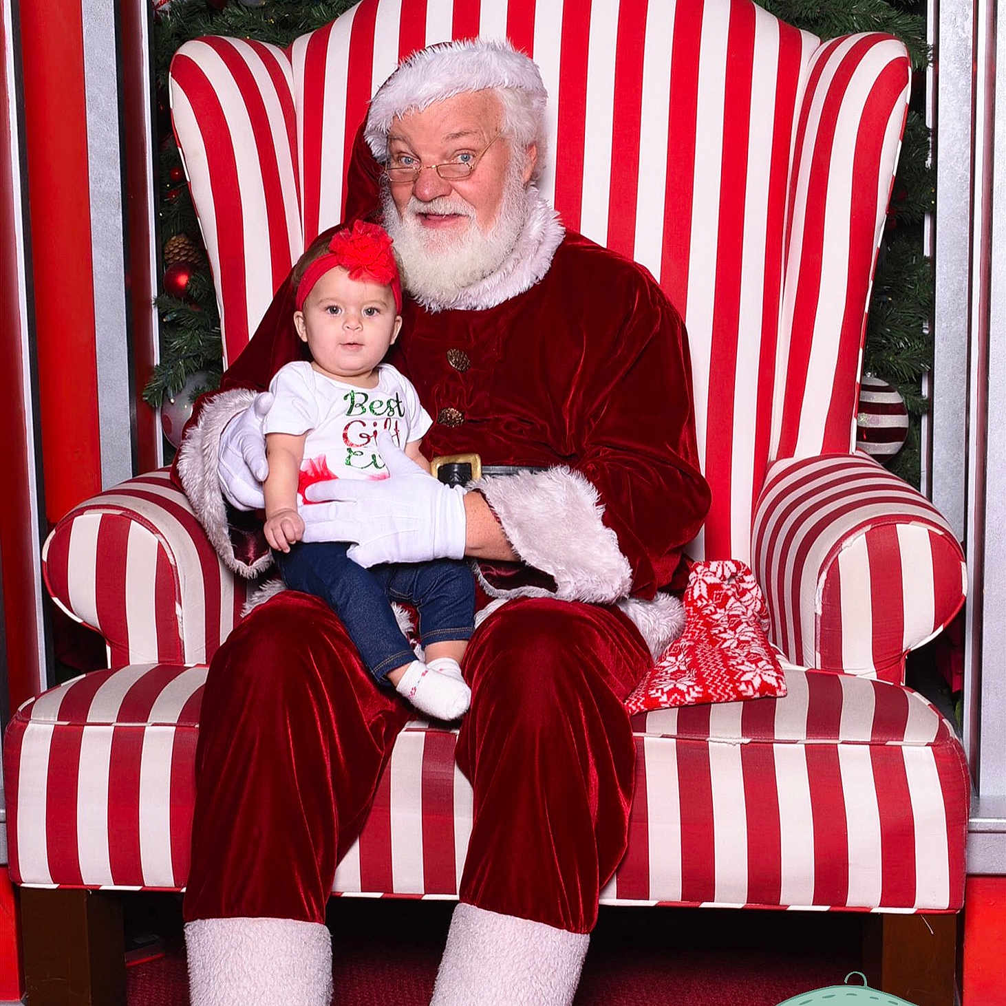 Kendall is registered to the contest to win money with this photo: christmas, christmas_decoration, event, fictional_character, fun, holiday, lap, person, product, red, santa_claus