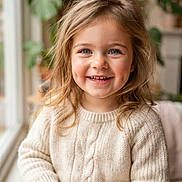 Lily is registered to the contest to win money with this photo: blonde_hair, blue_eyes, bookshelf, casual_clothing, child, cozy, cute, girl, happy, home, indoor, knitwear, natural_light, plants, portrait, sitting, smiling, sweater, window, young