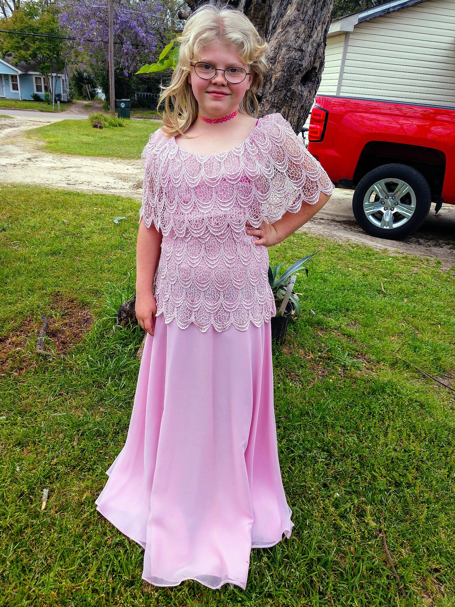 Alyssa joined the competition — help win amazing prizes! blond, bridal_party_dress, car, clothing, day_dress, dress, event, formal_wear, gown, grass, joy, lace, lady, magenta, person, pink, prom, shoulder, sleeve, vehicle