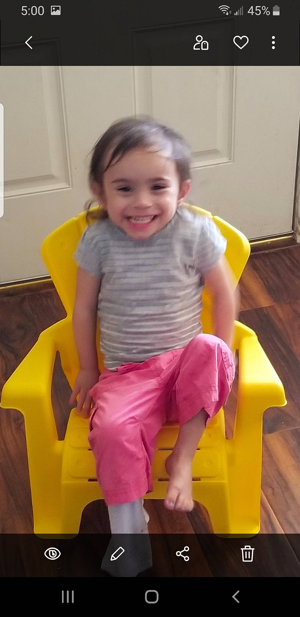 Gwendolyn joined the competition — help win amazing prizes! chair, child, fun, furniture, joy, leg, person, pink, play, shoulder, sitting, smile, toddler, yellow