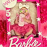 baby, child, pink, barbie, sunglasses, headband, dress, purse, frame, celebration, birthday, decorations, toy, cute, smile, infant, person, accessories, party, fun