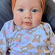 Ailany is registered to the contest to win money with this photo: baby, infant, headband, flower, onesie, teddy_bear_pattern, cute, child, portrait, face, blue_eyes, soft_background, clothing, sitting, indoors, adorable, young, smiling, headwear, person