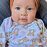 baby, infant, headband, flower, onesie, teddy_bear_pattern, cute, child, portrait, face, blue_eyes, soft_background, clothing, sitting, indoors, adorable, young, smiling, headwear, person