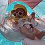 baby, child, cute, floating, floaty, hat, infant, inflatable, outdoor, pool, relaxing, summer, sunglasses, sunny, sunshade, swimming_pool, toddler, vacation, water, yellow_clothing