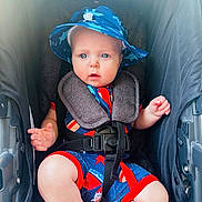 Bryce joined the competition — help win amazing prizes! baby, child, stroller, hat, blue_eyes, romper, seatbelt, infant, cute, outdoor, summer_clothing, sitting, person, child_seat, baby_clothes, sun_hat, expression, small_hands, legs, closeup