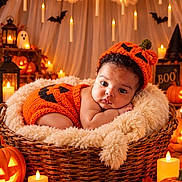 Tristan is registered to the contest to win money with this photo: baby, infant, child, portrait, halloween, pumpkin, pumpkin_costume, knit_hat, basket, blanket, curly_hair, face, eyes, indoors, candles, lanterns, autumn, decorations, cozy, smiling