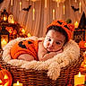 baby, infant, child, portrait, halloween, pumpkin, pumpkin_costume, knit_hat, basket, blanket, curly_hair, face, eyes, indoors, candles, lanterns, autumn, decorations, cozy, smiling