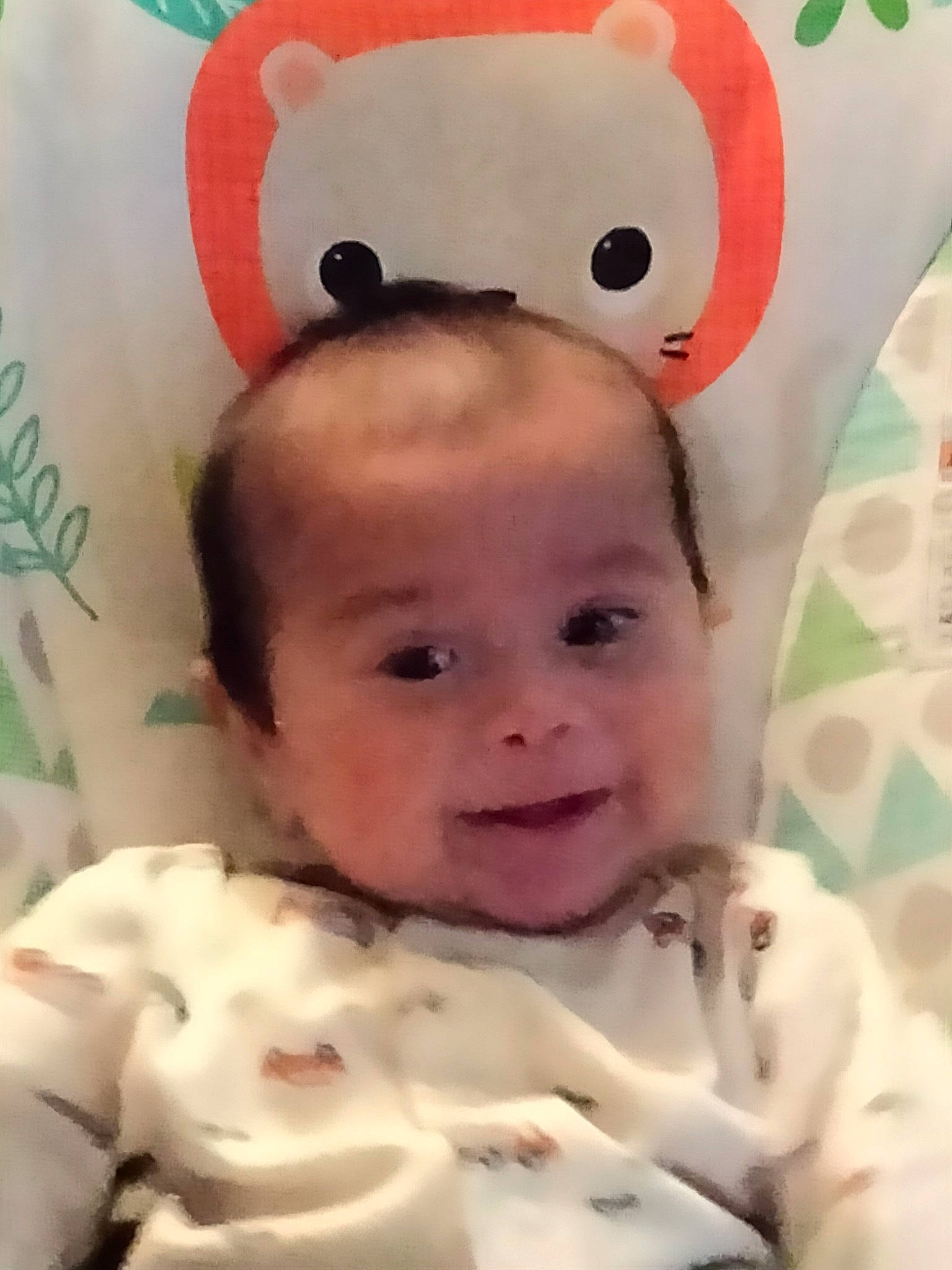 Jose is registered to the contest to win money with this photo: art, baby, baby_products, baby_toddler_clothing, cheek, child, chin, happy, head, linens, nose, person, pink, product, room, skin, smile, stuffed_toy, textile, toddler