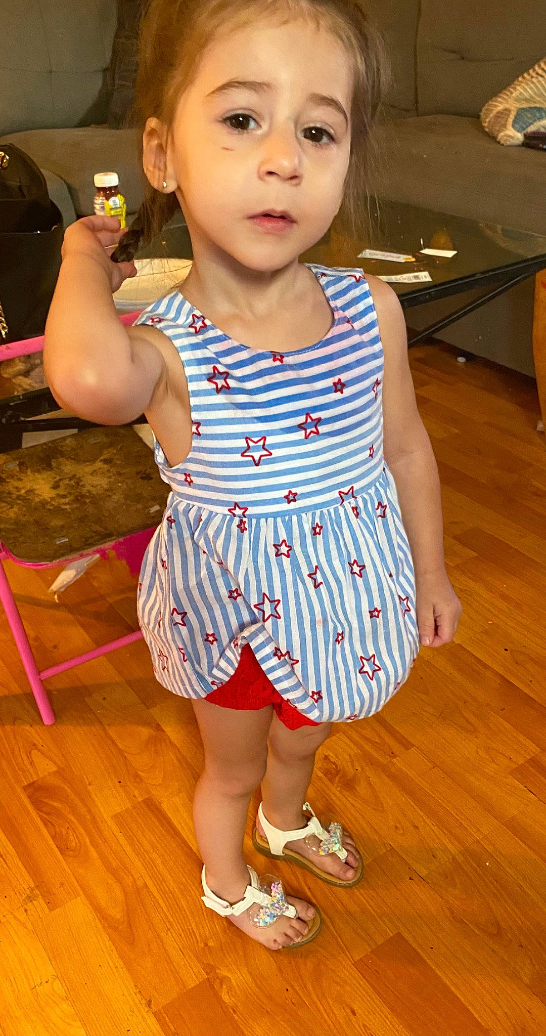 Braelynn joined the competition — help win amazing prizes! baby_toddler_clothing, child, day_dress, dress, fun, happy, human_leg, joint, leisure, neck, one_piece_garment, pattern, person, skin, sleeve, standing, thigh, toddler, trunk, waist