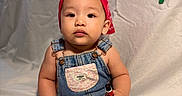 Emilia is registered to the contest to win money with this photo: baby, background, child, clothing, cute, denim_overalls, earring, expression, fabric, face, hand, holding, indoor, person, portrait, red_bandana, sitting, skin, small_object, toddler